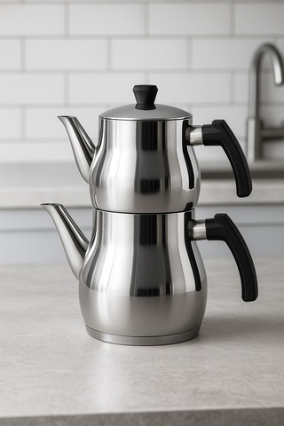 Yunusoğlu Home Klasik Çaydanlık Takımı 0,8l Demlik 1,25l Alt Demlik Paslanmaz Çelik Soğuk Tutma Saplı Gri