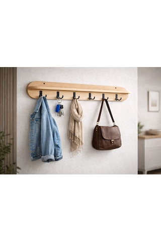 105 Cm 6 Kancalı Oval Kesim Ahsap Renk Duvara Monte Askılık Bal Meşe