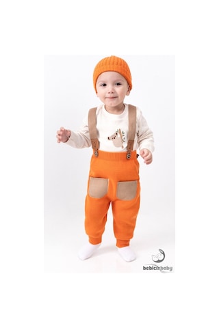 Tiwitibaby Triko Çapraz Askılı Salopet Koala Figürlü Esnek Kaşkorse Badi Bereli Unisex Bebek Takım Turuncu