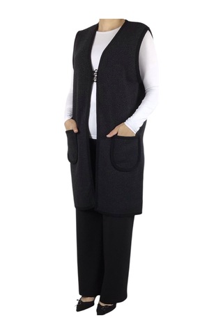 Kadın Desenli Üç Düğmeli Kalın Kışlık Yelek Siyah