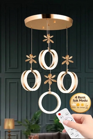 Lumia Lighting Eclipse Model 4'lü Gümüş Kumandalı 3 Renk Modu Ledli Kristal Taşlı Modern Salon Mutfak Oturma Odası Led Avize Gold