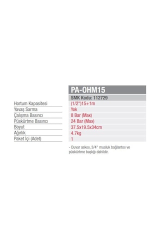 Palmera Pa-Ohm15 Otomatik Hortum Makarası 15M Geri Sarımlı