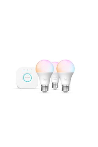 Philips Hue Essential 3'lü E27 Ampul Başlangıç Seti 806 Lumen, Hue Bridge Dahil Çok Renkli