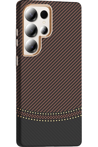 Galaxy Uyumlu S25 Ultra Kılıf M-safe Şarj Özellikli Karbon Fiber Görünümlü Gros Kılıf Gold-siyah