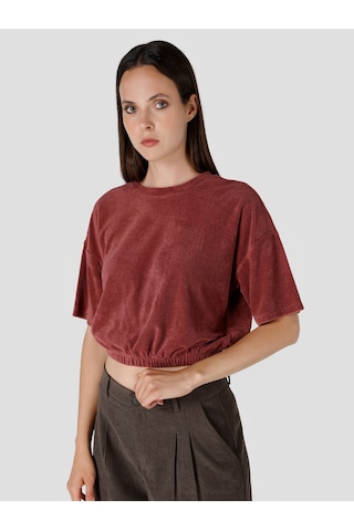 Colin's Colins Bisiklet Yaka Belden Lastikli Crop Kırmızı Kadın Kısa Kol Tişört Cl1065174 Cherry Kırmızı