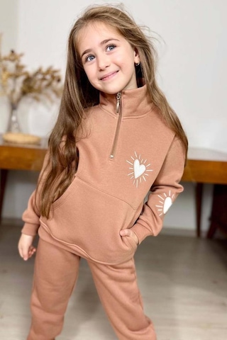 Riccotarz Kız Çocuk Kalp Emoji Baskılı Kanguru Cepli Fermuarlı Sweat Taba Eşofman Takım Taba