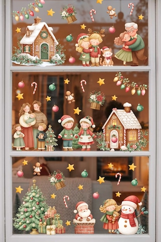 Yeni Yıl Cam Sticker Seti Büyük Boy Aile & Noel Evi Temalı 80+ Parça Çift Taraflı Pencere Süsü Dijital Baskı