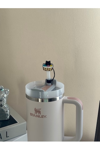 Sevimli Kedi Model Silikon Toz Geçirmez Sızdırmaz Pipet Kapağı 1 Adet Termos Ile Uyumlu Siyah - Turuncu