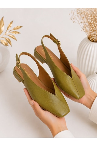 Dabab Shoes Lıvora Kadın Yağ Yeşili Kare Burun Tokalı Düz Taban Slingback Casual Babet Ayakkabı Yeşil