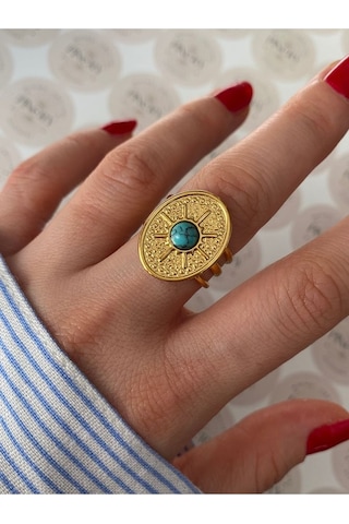 Pinery Jewels Firuze Taşlı Paslanmaz Çelik Kararmaz Ayarlanabilir Gold Yüzük Altın