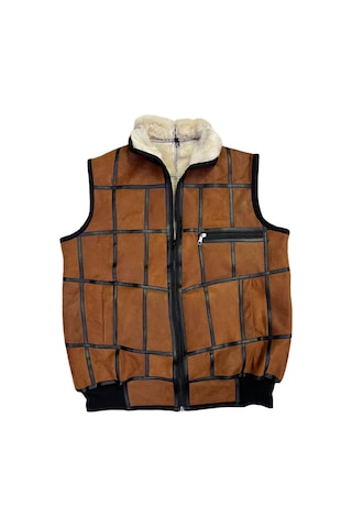 Içi Kürk-Dışı Süet Gerçek Deri Yakalı Ve Trikolu Yelek Tarçın