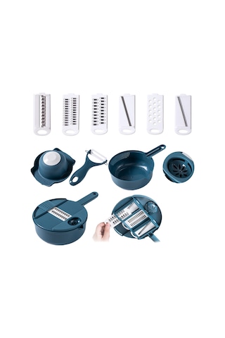 Neevoyu Mavi Çok İşlevli Kalın Dairesel Süzgeçli Sebze Dilimleyici 6 Bıçak/12 Fonksiyon - Paslanmaz Çelik Bıçaklar, Eldiven, Süzgeç Sepetiyle Mavi