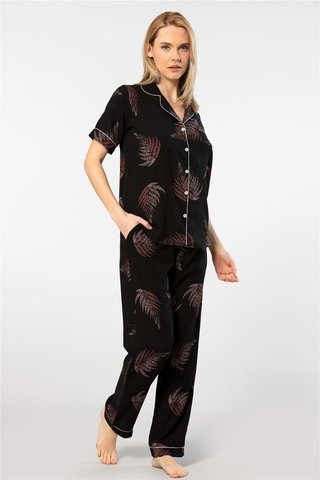 Türen 3604 Kadın Kısa Kollu Dokuma Gömlek Pijama Takım-siyah Siyah