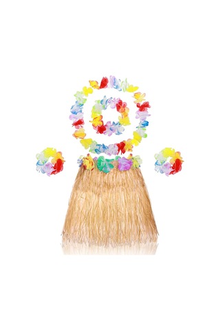 Yetişkin Çocuk Hawaii Parti Seti - 40 Cm Naturel Etek + Çiçek Aksesuarlar 5 Parça Diğer