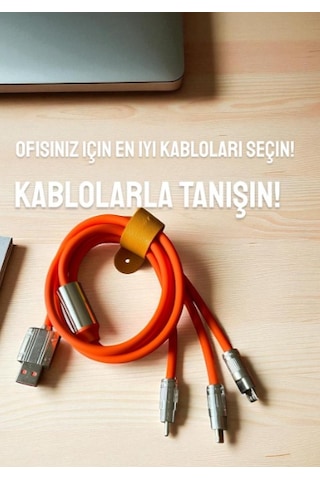 Buffer 3 İn 1 Hızlı Şarj Kablosu Silikon Kablo 1 Metre Turuncu