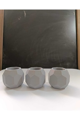 3 Lü Gri Geometrik Tasarımlı Dekoratif Mumluk Seti Modern Ve Minimal Gri