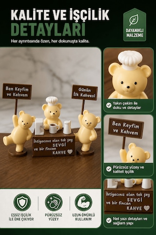 Barista Ayıcık Ve Tabelalı Kahve Dostları 3 Lü Set - Şef Şapkalı Dekoratif Kahve Köşesi Biblo 8