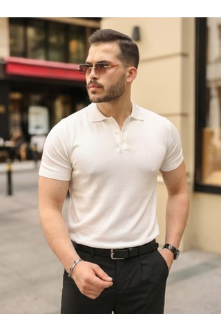 Veraura Lifestyle Erkek Düğmeli Yaka Pamuk Triko Tişört Beyaz