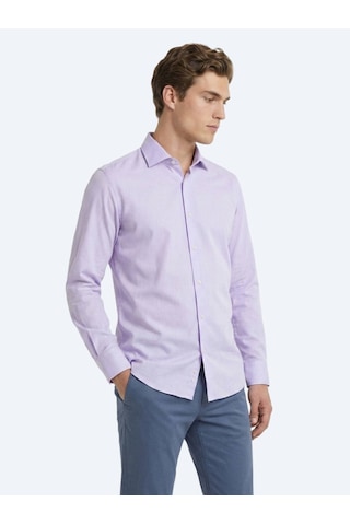 Kip Lila Düz Regular Fit Uzun Dokuma Casual Pamuk Karışımlı Gömlek