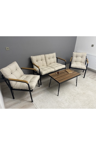 Modern Mars Balkon, Bahçe, Cafe - Metal Kanepe Koltuk Takımı - 2+1+1 + Sehpa Krem Modernsh33 Krem