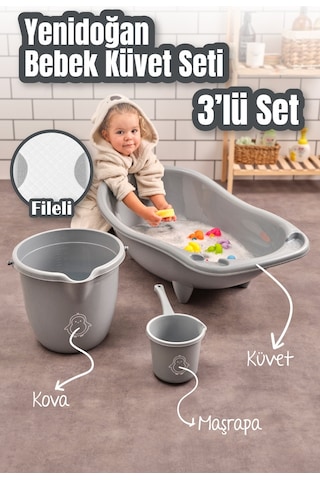 Vienev 3Lü Set Fileli Yenidoğan Küvet Seti Gri