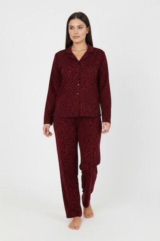Bravie Luxury Soft Bordo Leopar Desenli Uzun Kollu Kadın Pijama Takımı Büyük Beden 3002 Bordo