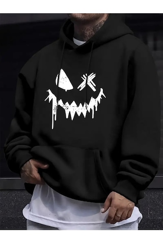 Nevermind Unisex Oversize Gülümseyen Surat Baskılı Siyah Hoodie Streetwea Siyah
