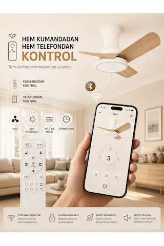 80 Cm Akıllı Tavan Vantilatörü Led Aydınlatmalı Kumandalı & Telefon Kontrollü, 6 Hız, 3 Işık Rengi, Yaz/kış Modu, Sessiz Motor