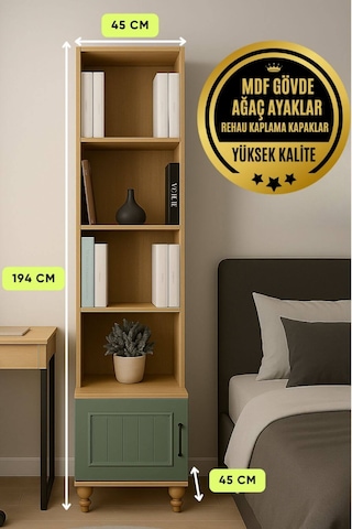 Gülsün Yeşil Kitaplık ve Komodin Seti Mdf Rehau Kaplama Ağaç Ayaklı Yeşil - Ahşap
