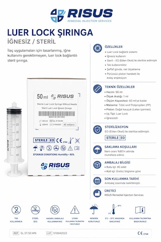 Rısus Luer Lock Şırınga İğnesiz Hassas Ölçekli Enjektör 40 x 50 ML