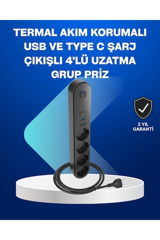 Akıllı Akım Dengelemeli 4 Lü Çoklu Priz Type-c Ve Usb Çıkışlı 0