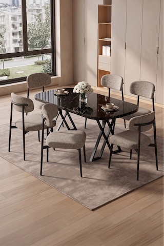 Robii Bohem 90x168 Sabit Yemek Masası Mutfak Masası Takımı 6'lı Polo Sandalye Takımı Cappiccuno