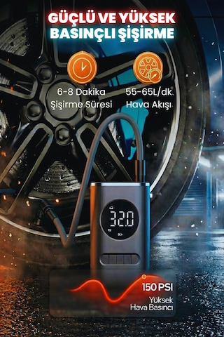 Embatech 4000mah Hava Pompası 150 Psı Ultra Basınç, Led Işıklı, Lcd Ekranlı, Taşınabilir Şarjlı Kompresör Embatech