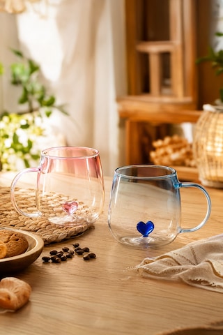 Porsima Pbt-707 Dream Love Hearts - 400ml Romantik Kalp Tasarımlı 2'li Renkli Borosilikat Cam Kupa Seti Şeffaf
