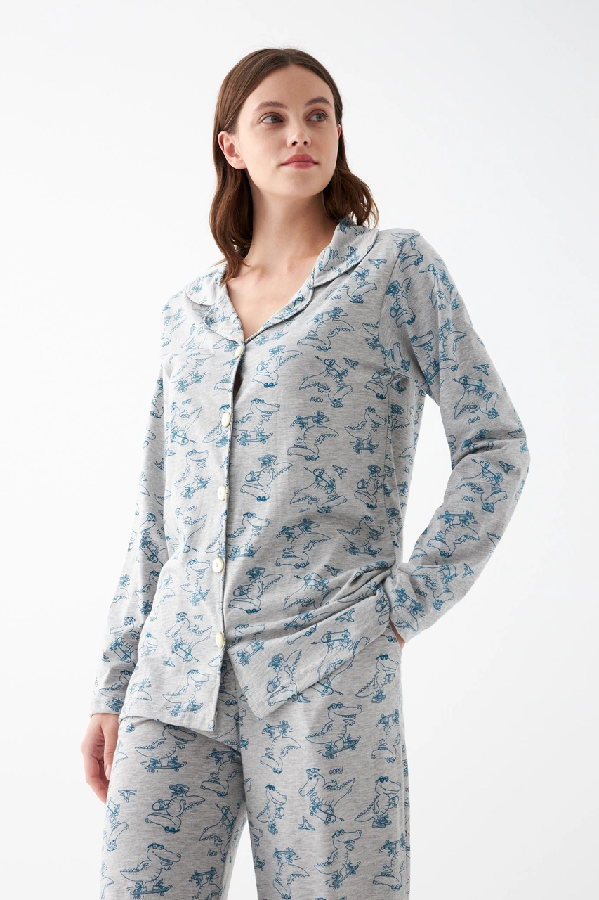 Akbeniz Kadın Gri Desenli Düğmeli Pamuklu Pijama Takımı Gri