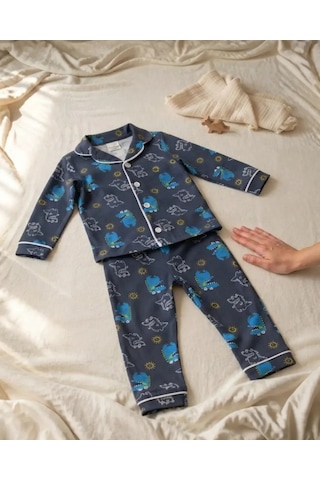 Genel Markalar Mavi Dinazor Baskılı Mevsimlik Pamuklu Bebek Pijama Takımı