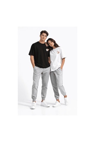 Sevgili Kombini Ayıcık Baskılı Çift Tişört Oversize Unisex Partne Siyah-beyaz