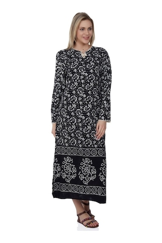 Uzun Kol Pamuk Taş Baskı Uzun Elbise Yoğun Desen
