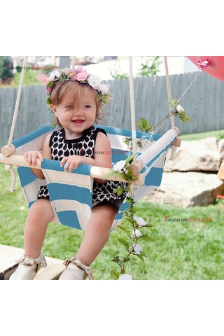 Bundera Ahşap Bebek Salıncak Çocuk Beşik Hamak Salıncağı Mavi Çizgili