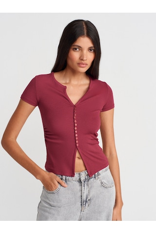 Dilvin 31838 Düğmeli Kısa Kollu Top-açık Bordo Açık Bordo
