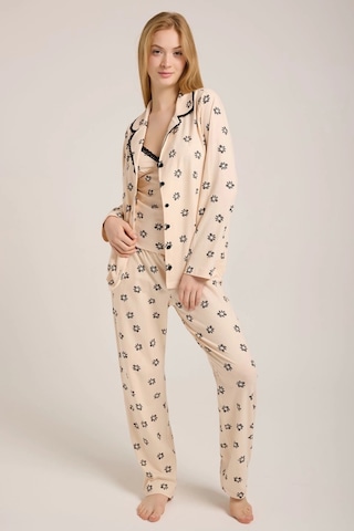 Bej Rengi Çiçek Baskılı Düğmeli Pijama Takımı Bej