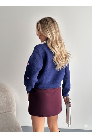 Ribana Classic Kadın Uzun Kollu Pembe Kalp Detaylı Standart Beden Triko Yumoş Kazak 4603 Lacivert
