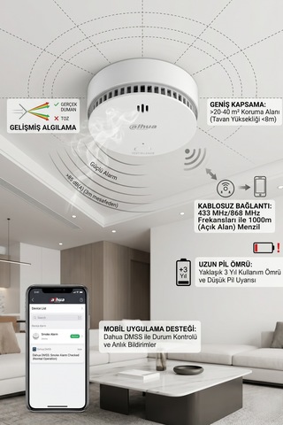 Dahua Kablosuz Duman Dedektörü Yangın Alarmı Sensörü Wireless Akıllı Uyarı Sistemi