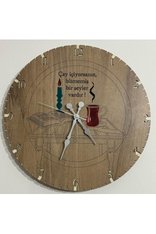 Ahşap Desen Duvar Saati - Çay İçiyorsanız - Epoksi Reçine Kaplamalı - 40 Cm Ahşap