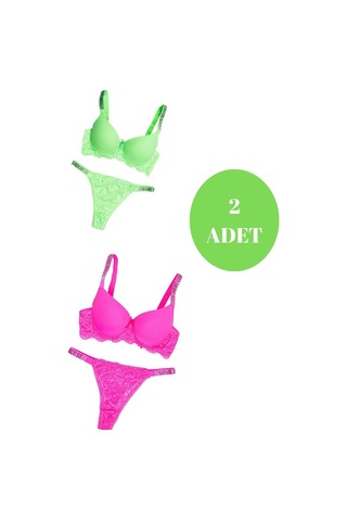 Murays Kadın 2 Li Taşlı Neon Sütyen Takım Fuşya - Yeşil