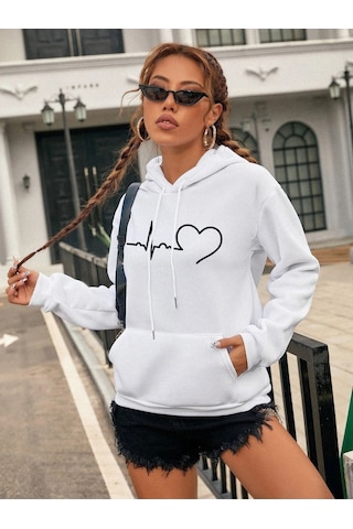 Kadın Kalp Çizgi Baskılı Oversize Beyaz Kapşonlu Sweatshirt Beyaz