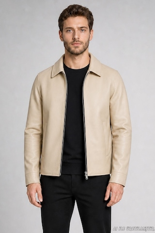 Freemen Erkek Kürklü Polo Yaka Regular Fit Suni Deri Ceket-424 Bej