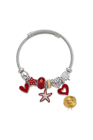 Burgu Charm Bileklik, Gümüş Tel Kırmızı Kalp Yıldız Ve Denizyıldızı Charmlı Kadın Kelepçe Bileklik - Kararma Yapmaz, Ahşap Kutu İçerisinde Gümüş Gümüş