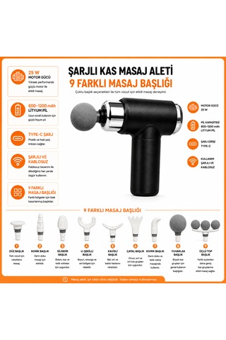Şarjlı Masaj Tabancası 25w Motor Type-c Şarjlı 9 Farklı Başlıklı Tüm Vücut Masaj Aleti Siyah