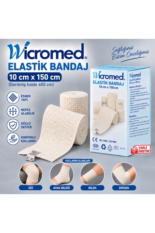 Wicromed Elastik Bandaj 10cmx150 Cm Metal Klipsli Esnek Destek Bandajı 50 Adet